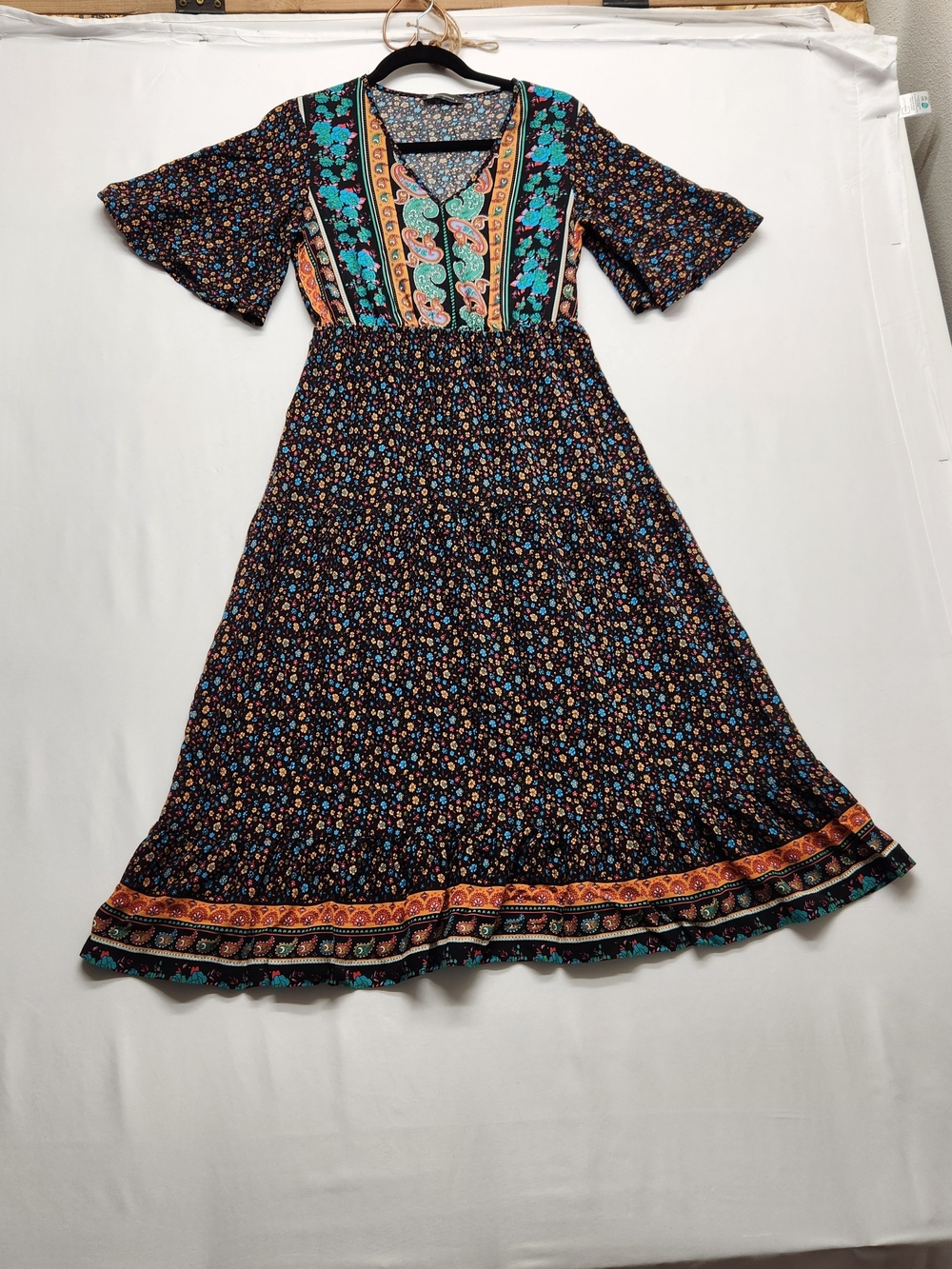 ⭐️PRETTYGARDEN Boho Floral Paisley Tiered Dress Flutter Sleeve Smocked Small